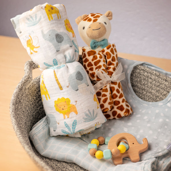 Zoo baby box set being held in a basket.