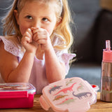 Little girl with pink dino snack box with ice pack