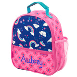 Rainbow all over print lunch box personalization example.