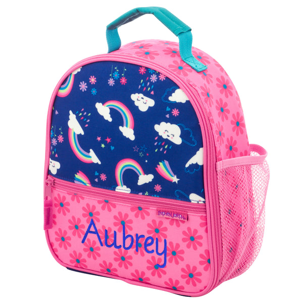 Rainbow all over print lunch box personalization example.