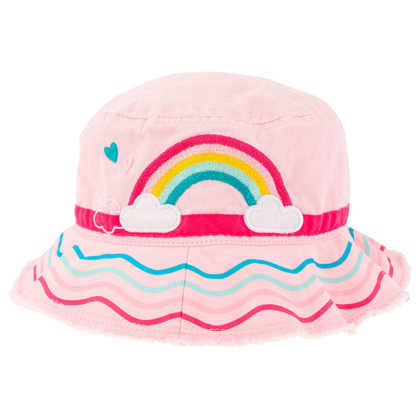 Rainbow bucket hat front view.