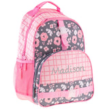 Charcoal flower all over print backpack personalization example