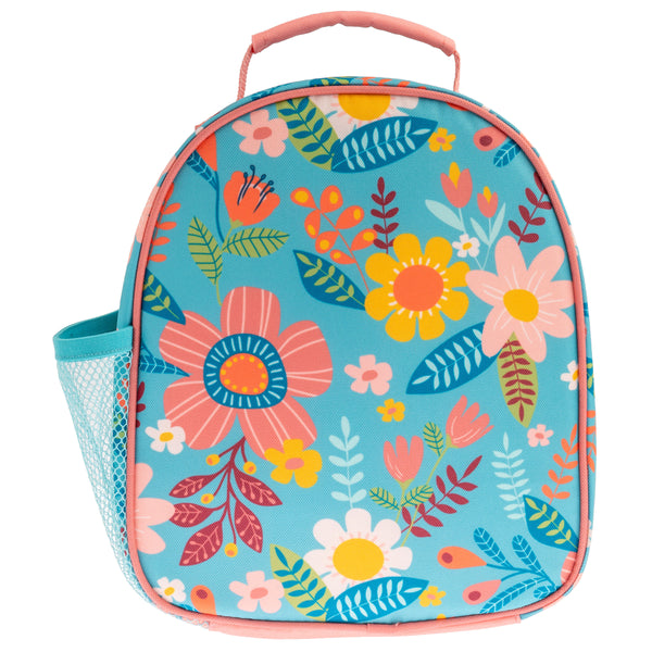 Turquoise floral all over print lunchbox back view.