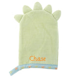 Dino bath mitts for baby back view and personalization example. 
