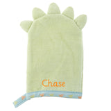 Dino bath mitts for baby back view and personalization example.