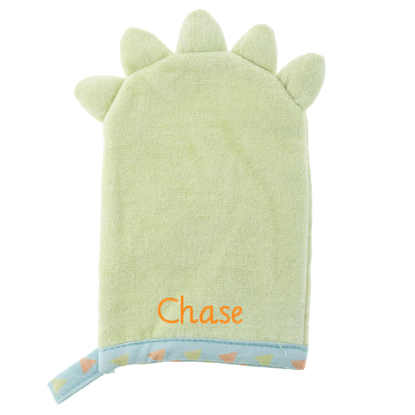 Dino bath mitts for baby back view and personalization example.