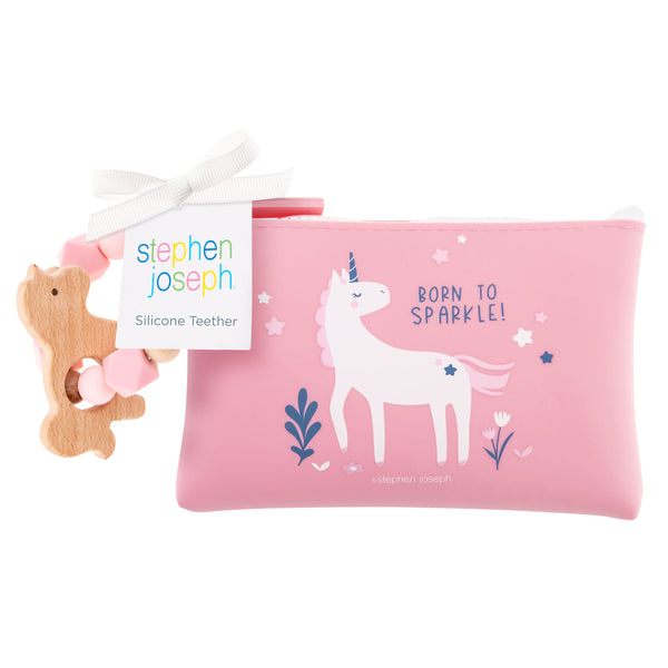 Unicorn silicone teether with pouch packaged view