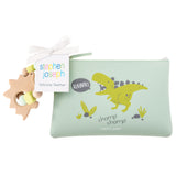 Dino silicone teether with pouch packaged view