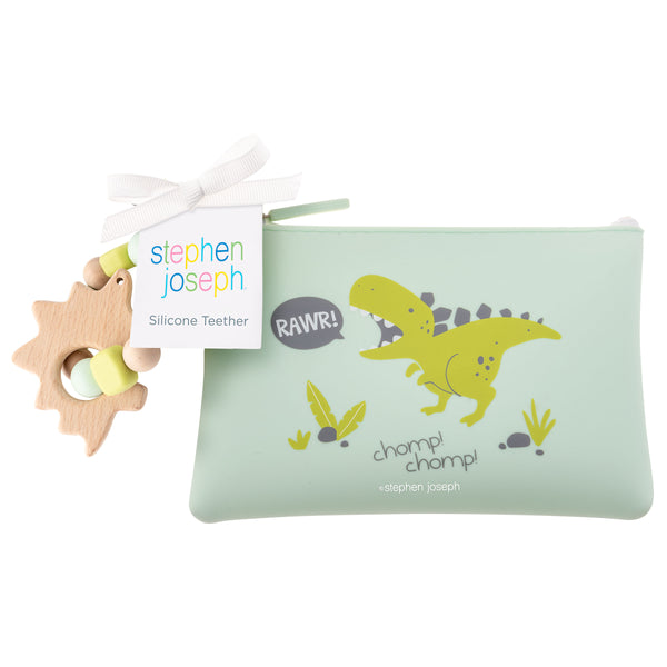 Dino silicone teether with pouch packaged view