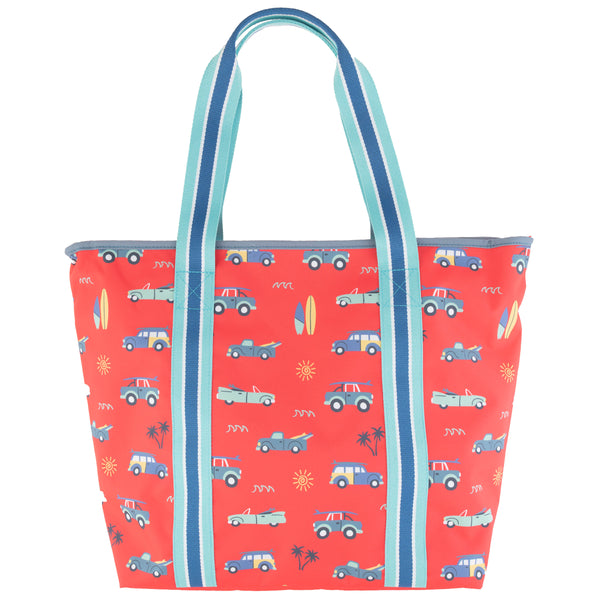 Surf's up printed beach tote back view