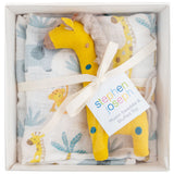 Giraffe blanket and stuffed animal packaging view.