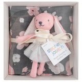 Bunny blanket and stuffed animal packaging view.