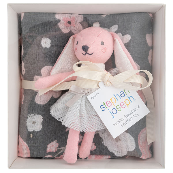 Bunny blanket and stuffed animal packaging view.