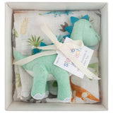 Dino blanket and stuffed animal packaging view.