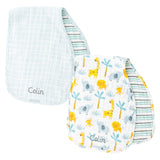 Zoo muslin burp cloth personalization examples.