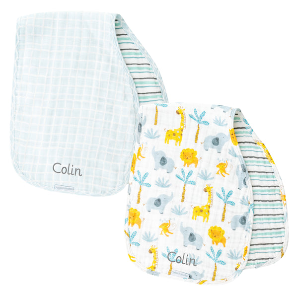 Zoo muslin burp cloth personalization examples.