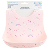 Unicorn all over print silicone bib packaged view.