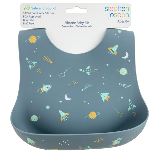 Space all over print silicone bib packaged view.