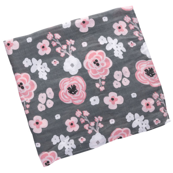 Charcoal flower baby box set muslin blanket view.