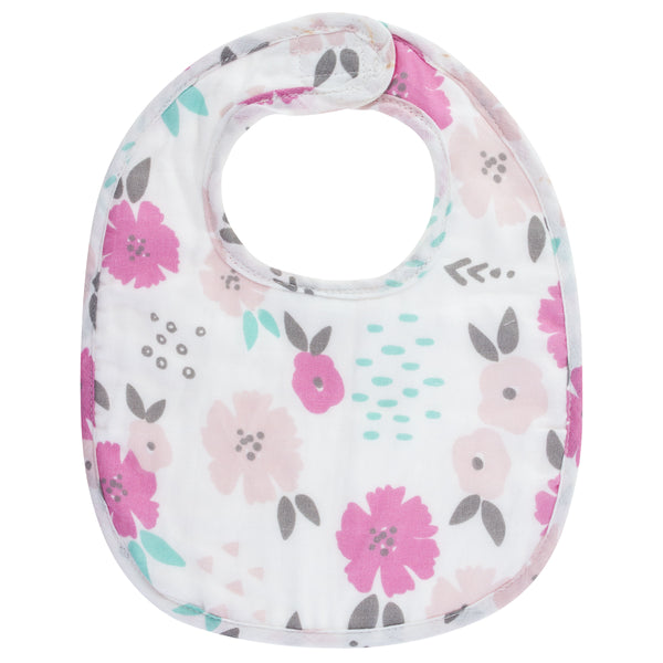 Charcoal flower baby box set muslin bib view.