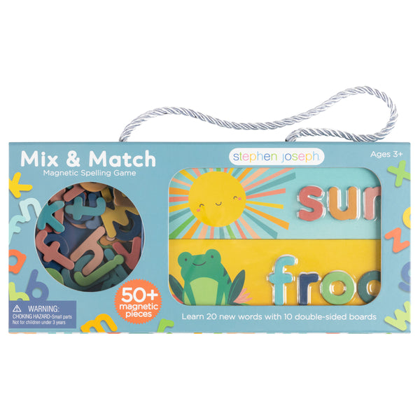 Mix and match magnetic spelling game packaged view.