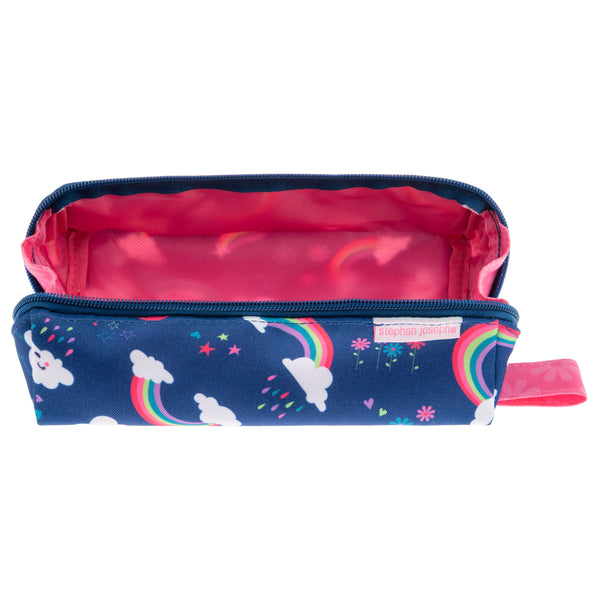Rainbow all over print pencil pouch unzipped front view.