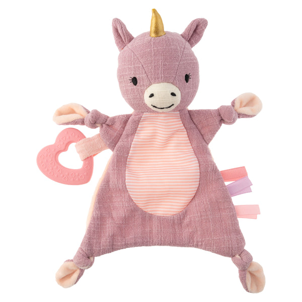Unicorn baby crinkle toy front view.