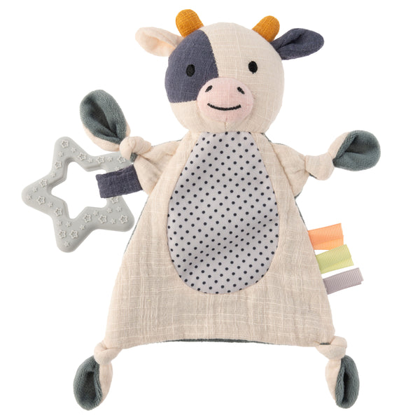 Cow baby crinkle toy front view.