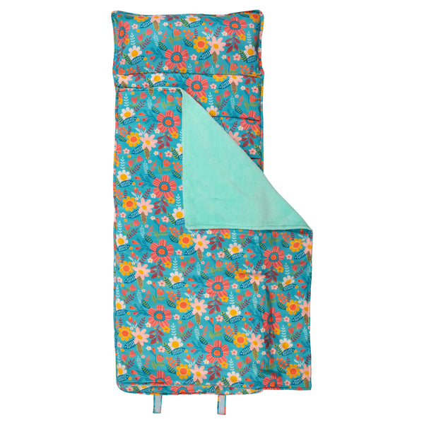 Turquoise floral all over print assembled view.