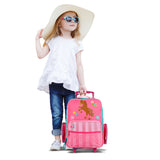 Little girl holding the girl horse classic rolling luggage.