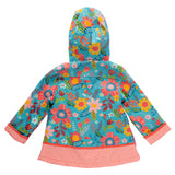 Turquoise floral raincoat back view