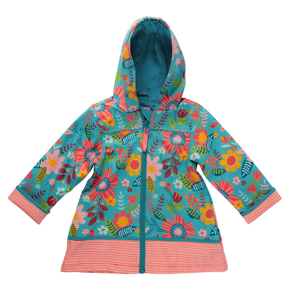 Turquoise floral raincoat front view