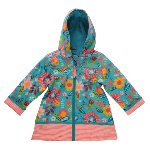 Turquoise floral raincoat front view