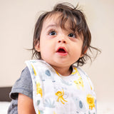 Baby wearing zoo muslin bib set