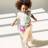 Little girl running with the cat crossbody purse