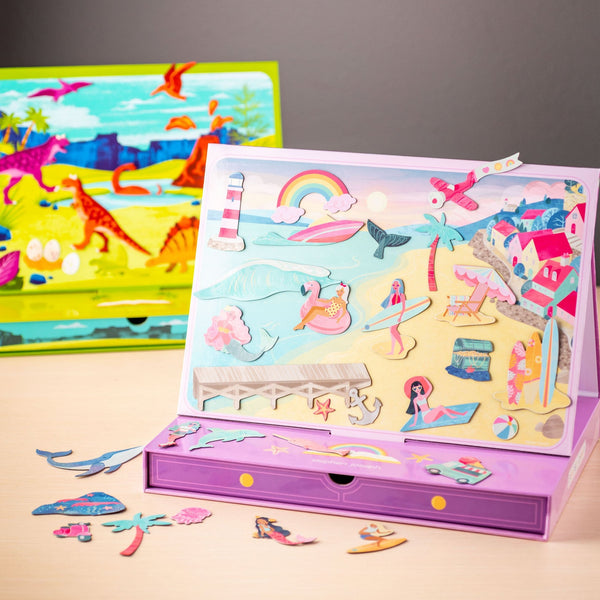 Dino and mermaid magnetic scene with drawer on a table 