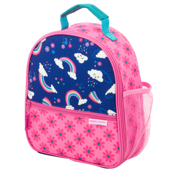Rainbow all over print lunchbox front view.