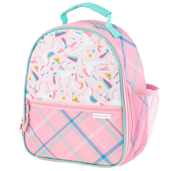 Pink Unicorn all over print lunchbox front view.