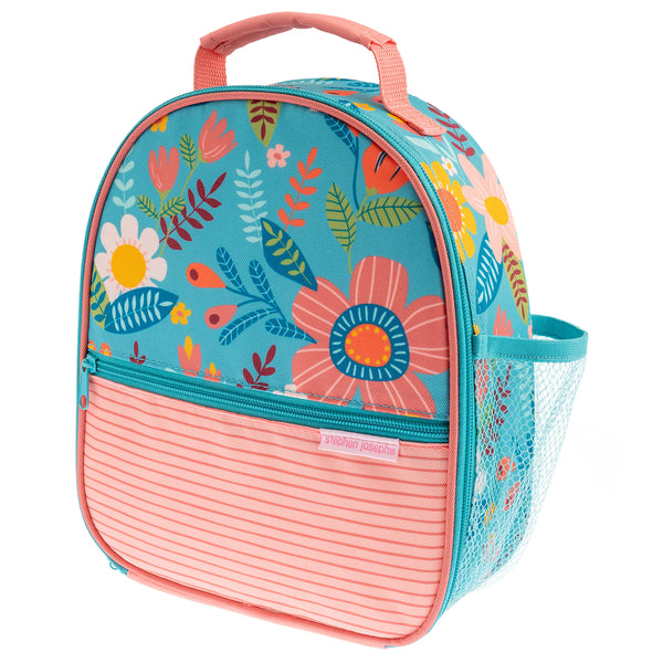Turquoise floral all over print lunchbox front view.