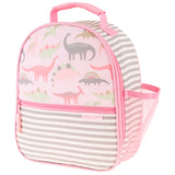 Pink Dino all over print lunchbox front view.