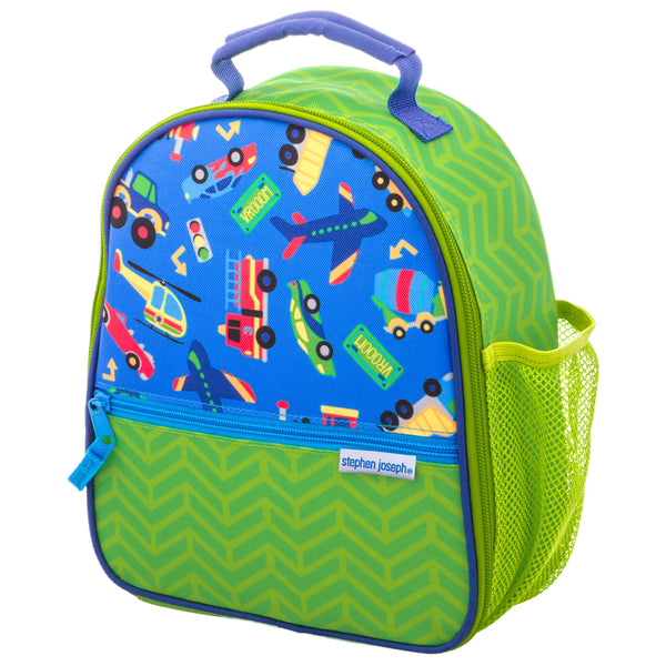 Transportation all over print lunchbox front view.