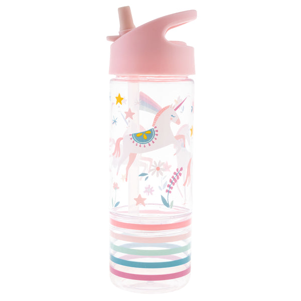 Pink unicorn sip and snack bottle front view
