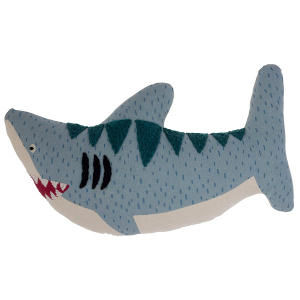 Shark embroidered pillow front view