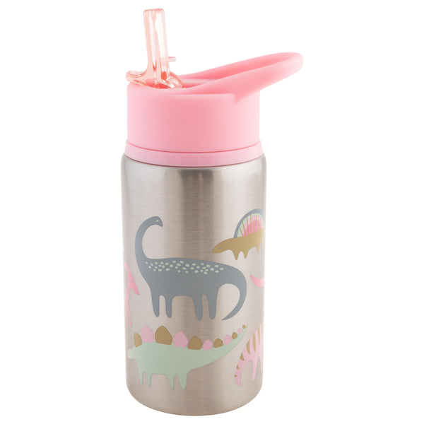 Pink dino flip top stainless steel bottle front view. 
