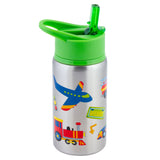 Transportation flip top stainless steel bottle front view.