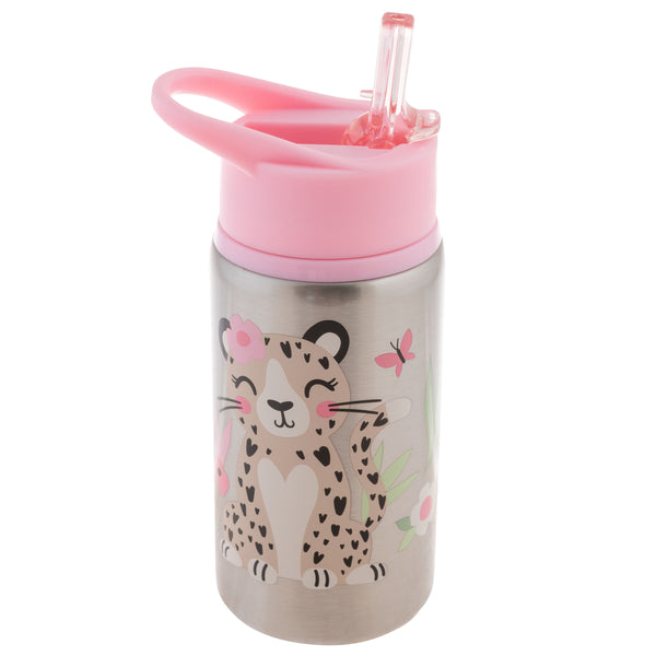 Leopard flip top stainless steel bottle front view