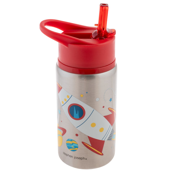 Space flip top stainless steel bottle front view.