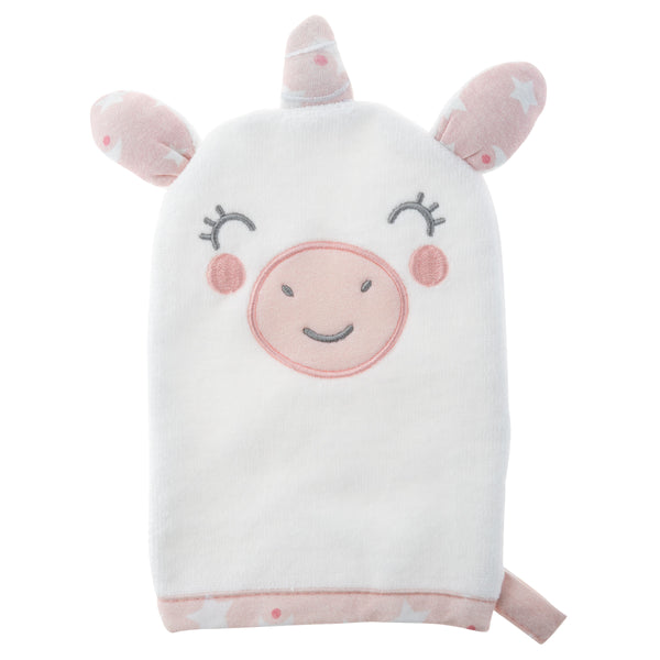 Unicorn bath mitts for baby front view.