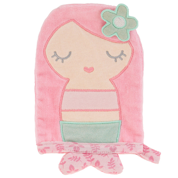 Mermaid bath mitts for baby front view.