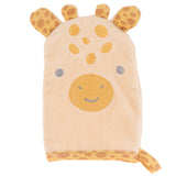 Giraffe bath mitts for baby front view.